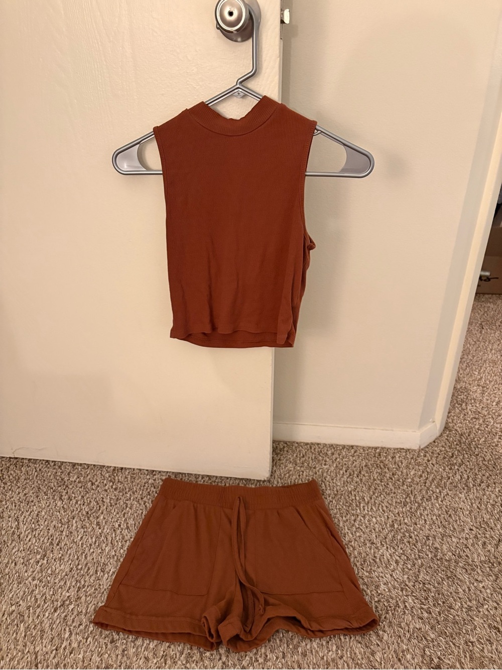 Sleeveless Ribbed Tank & Lounge Shorts Set - Rust